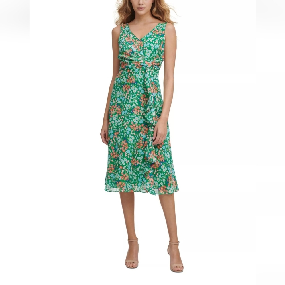 Kensie Womens Green Zippered Sleeveless V Neck Midi Sheath Dress 2